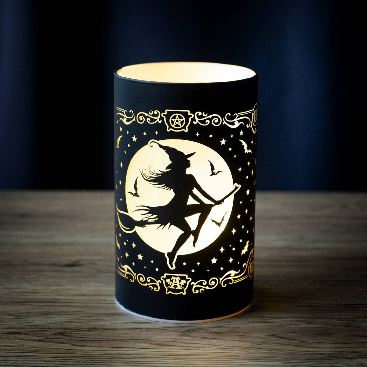 Vintage Retro Witch Riding Broomstick LED Glass Table Lantern Lamp Tableware - Gothic & Alternative Gift - Haunted