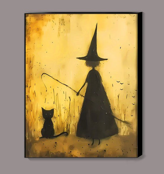 Vintage Witch Girl with Her Cat Canvas Print wall hanging - Gothic & Alternative Gift - Haunted