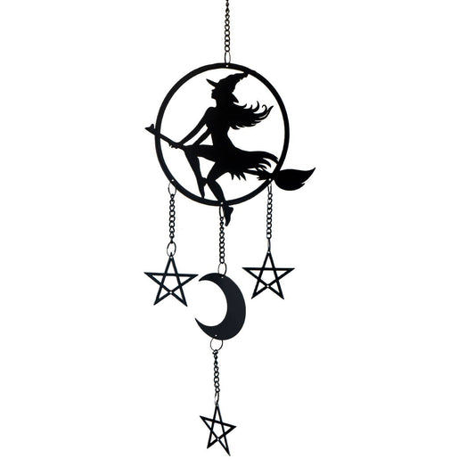 Vintage Witch Riding Broomstick by Moonlight Metal Hanging Indoor Outdoor Decoration Witch Supplies - Gothic & Alternative Gift - Haunted