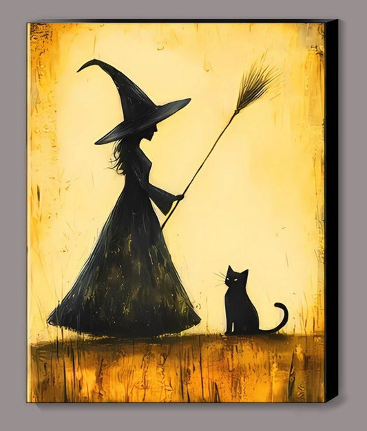 Vintage Witch with Her Cat Canvas Print wall hanging - Gothic & Alternative Gift - Haunted