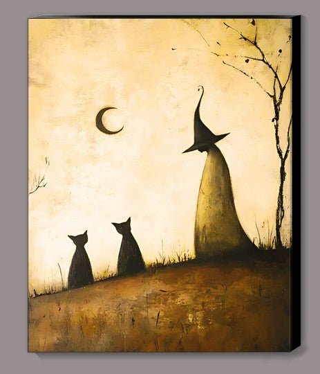 Vintage Witch with Her Two Cats Canvas Print wall hanging - Gothic & Alternative Gift - Haunted