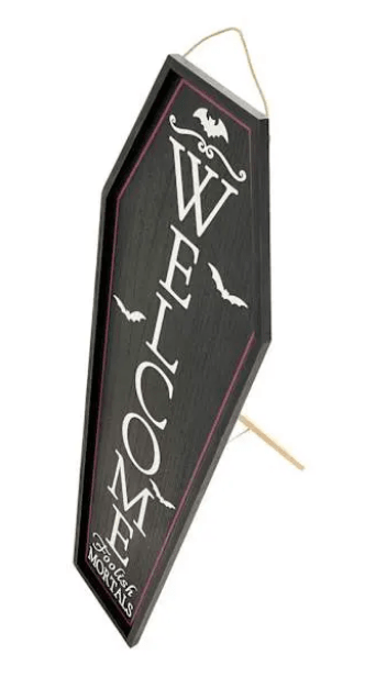 WELCOME FOOLISH MORTALS Coffin Shaped Porch Leaner Sign Home Decor - Gothic & Alternative Gift - Haunted