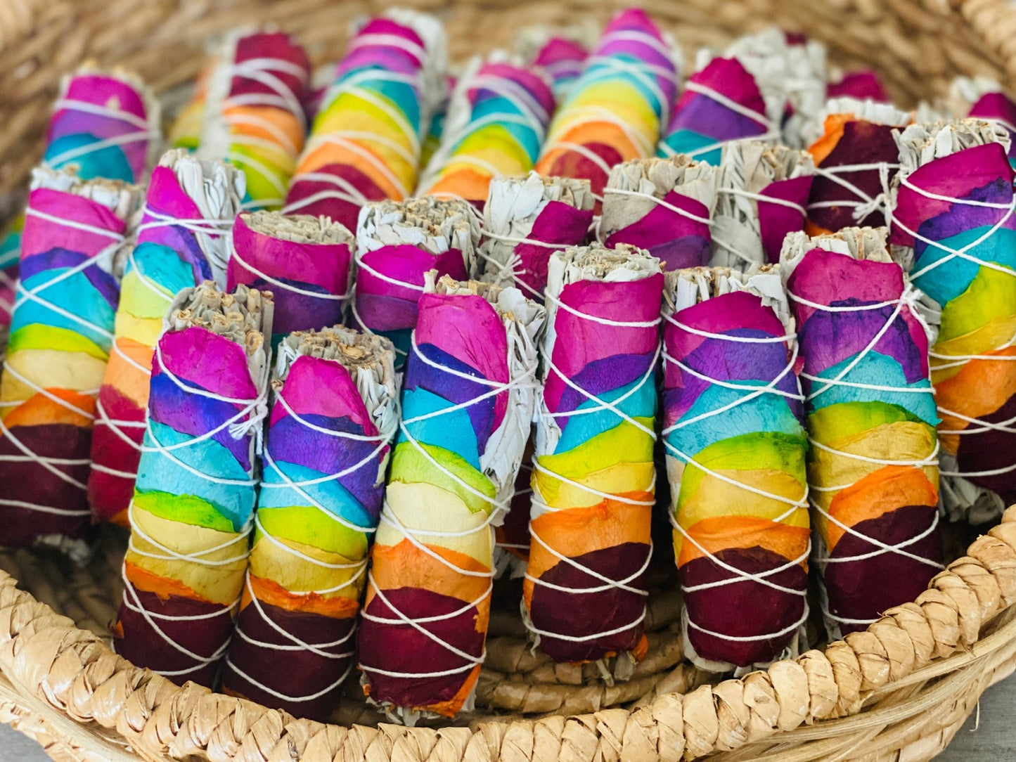 White Sage Rainbow Chakra Roses Smudge Stick Witch Supplies - Gothic & Alternative Gift - Haunted