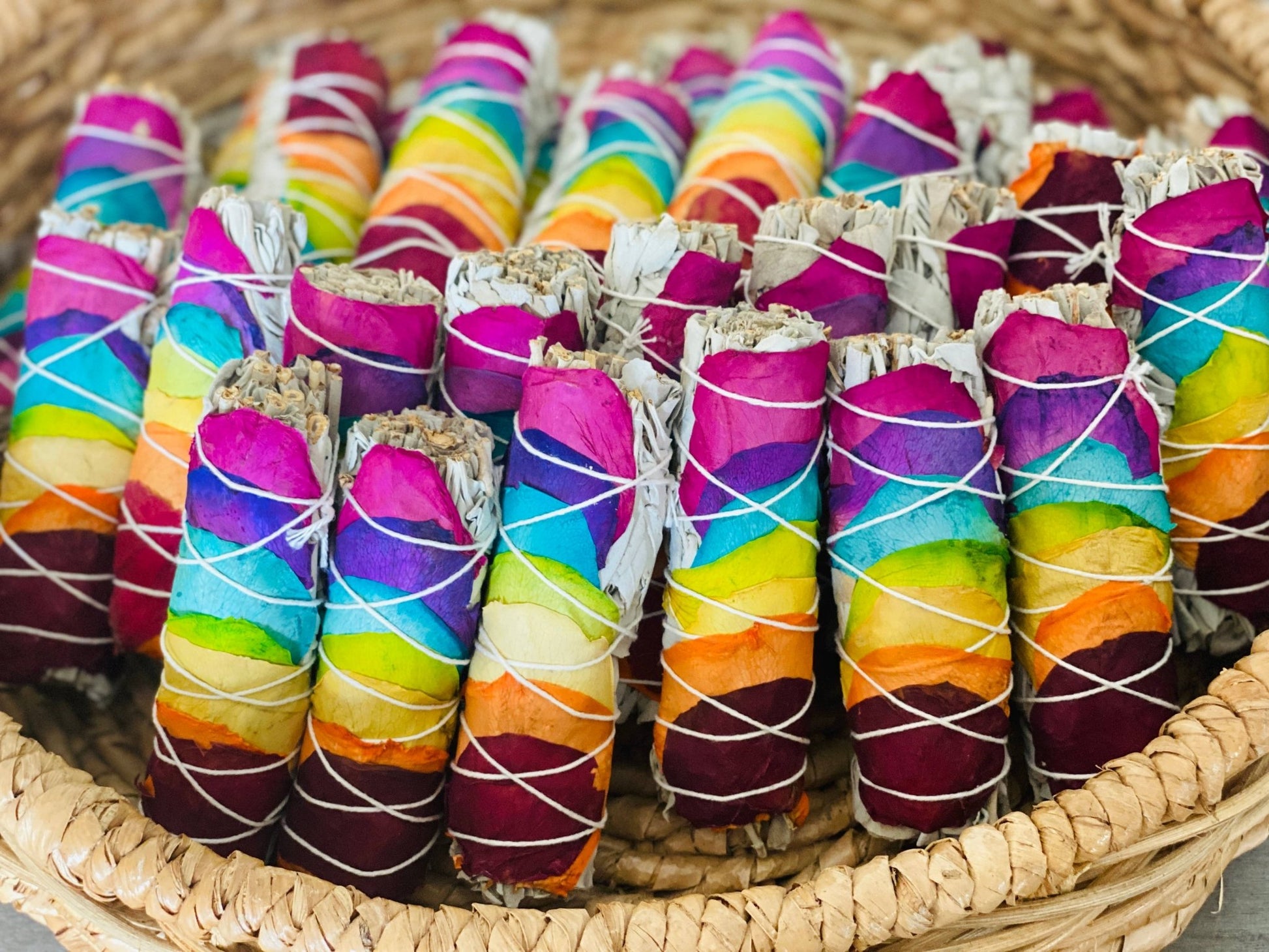 White Sage Rainbow Chakra Roses Smudge Stick Witch Supplies - Gothic & Alternative Gift - Haunted