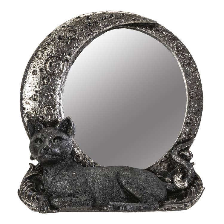 Witchy Vintage Black Cat on Moon Tabletop Mirror Mirror - Gothic & Alternative Gift - Haunted