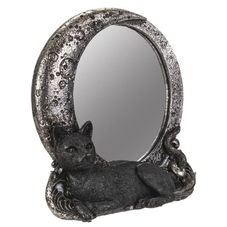 Witchy Vintage Black Cat on Moon Tabletop Mirror Mirror - Gothic & Alternative Gift - Haunted
