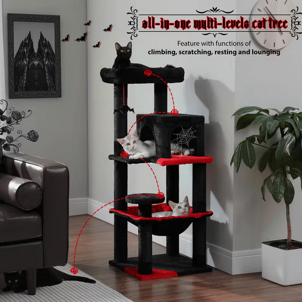 XL Gothic Cat Tree, Cat Condo with Spider Toy Pet - Gothic & Alternative Gift - Haunted