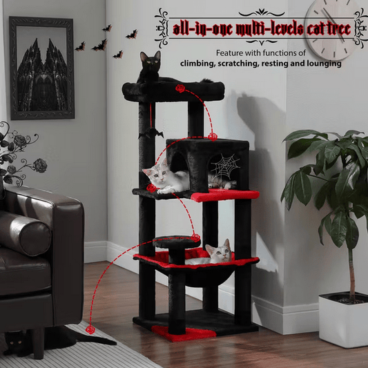 XL Gothic Cat Tree, Cat Condo with Spider Toy Pet - Gothic & Alternative Gift - Haunted