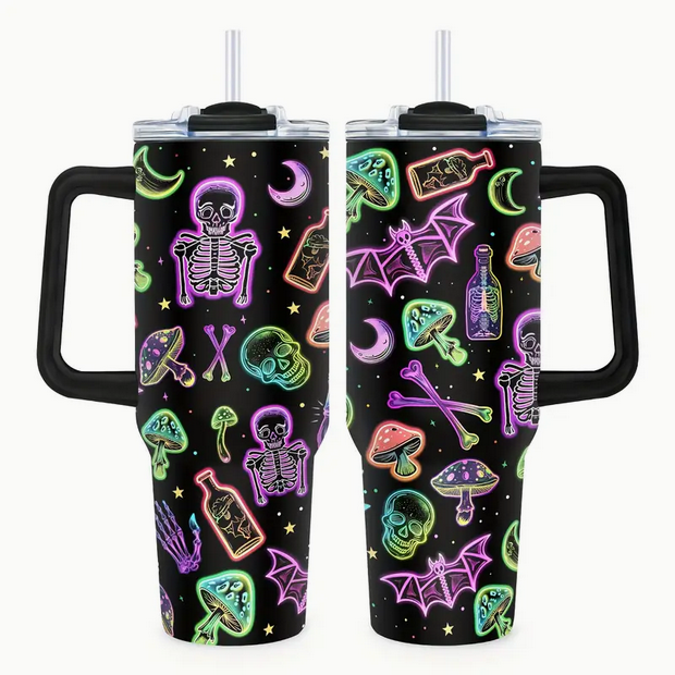 XL Skull and Bat Glow Tumbler Drinkware - Gothic & Alternative Gift - Haunted