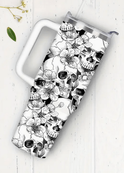 XL Skull and Flower Black and White Tumbler Drinkware - Gothic & Alternative Gift - Haunted